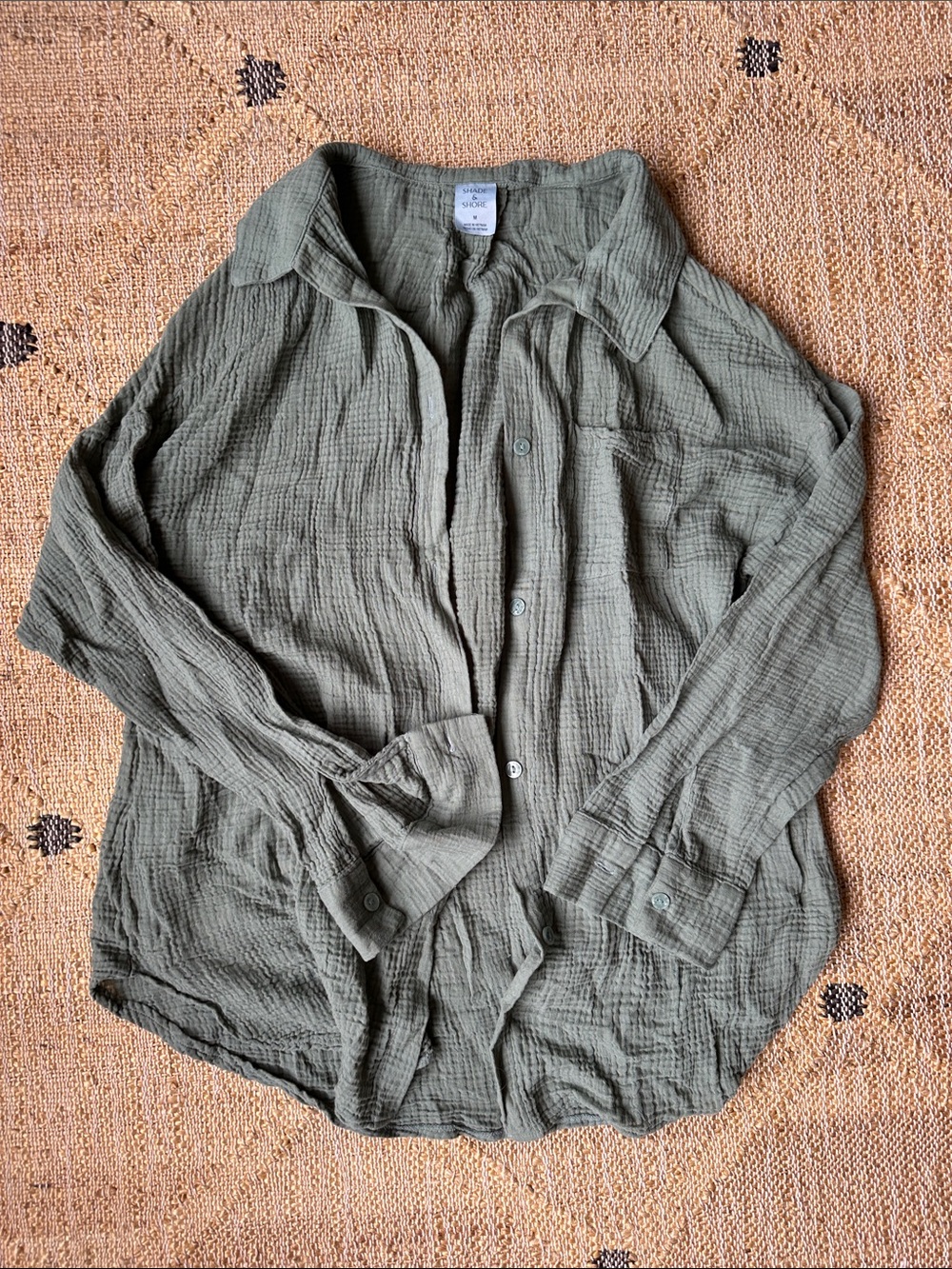 Shade & Shore Olive Green Gauze Button-Down Shirt